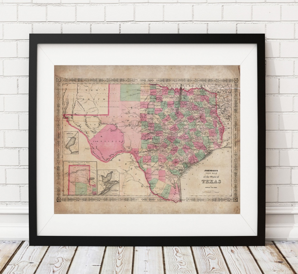 1866 Texas Map Print, Vintage Map Art, Antique Map, Wall Art, Map Of - Texas Map Wall Art