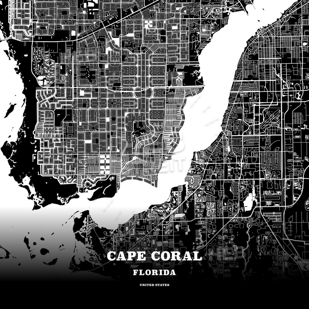 Black Map Poster Template Of Cape Coral, Florida, Usa | Hebstreits - Florida Map Poster