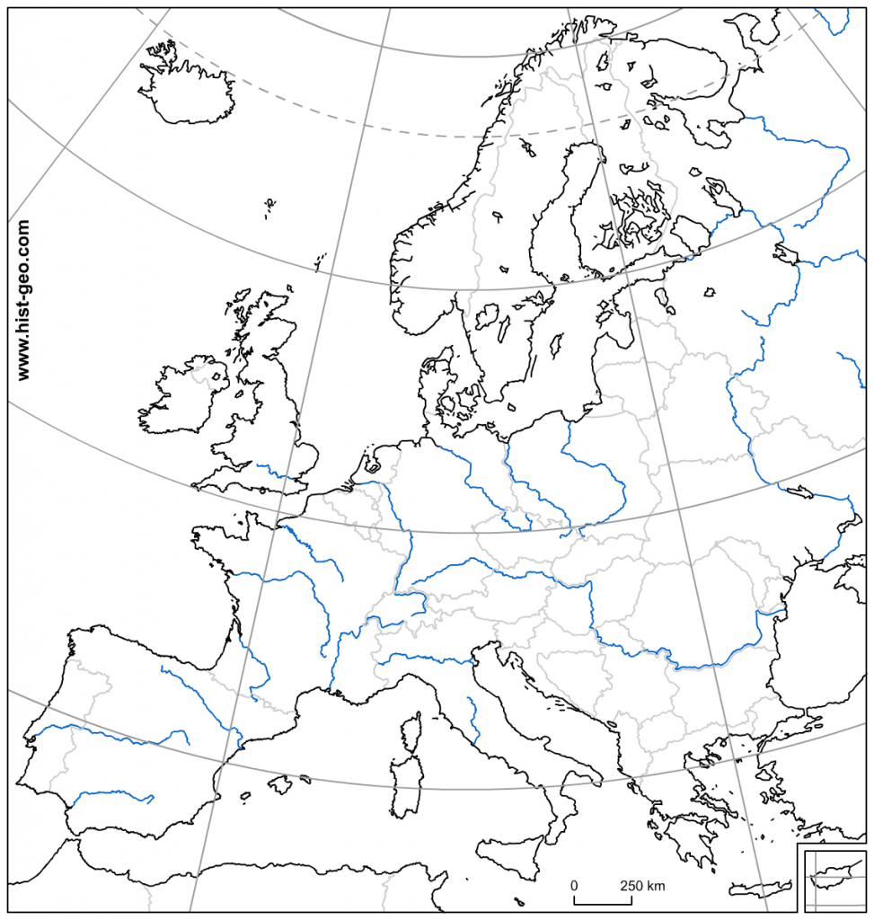 Blank Map Of Europe With Countries, Rivers, Parallels And Meridians - Printable Blank Map Of European Countries