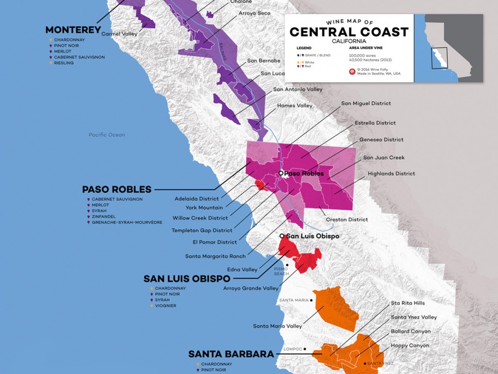 Central Coast Wine: The Varieties And Regions | Wine Folly - Central California Beaches Map