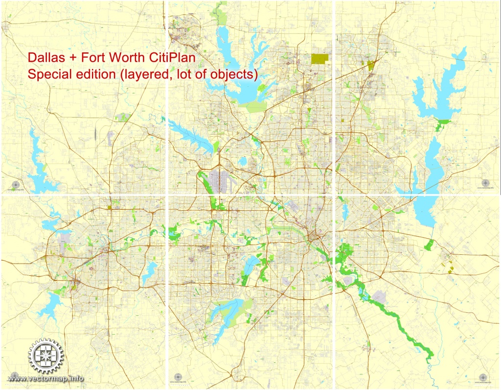 Dallas + Fort Worth Tx Pdf Map, Us, Exact Vector Street Cityplan Map In 6  Parts, V.29.11. Fully Editable, Adobe Pdf - Printable Map Of Dallas