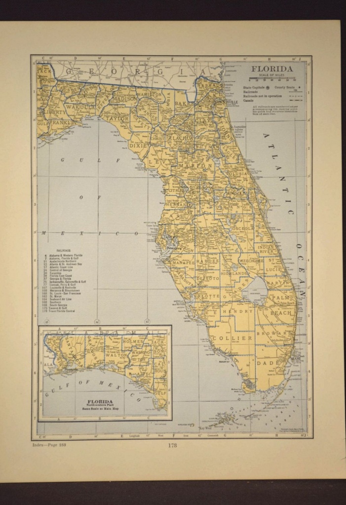 Florida Map Of Florida Wall Art Decor Antique Original Railroad - Florida Map Wall Decor