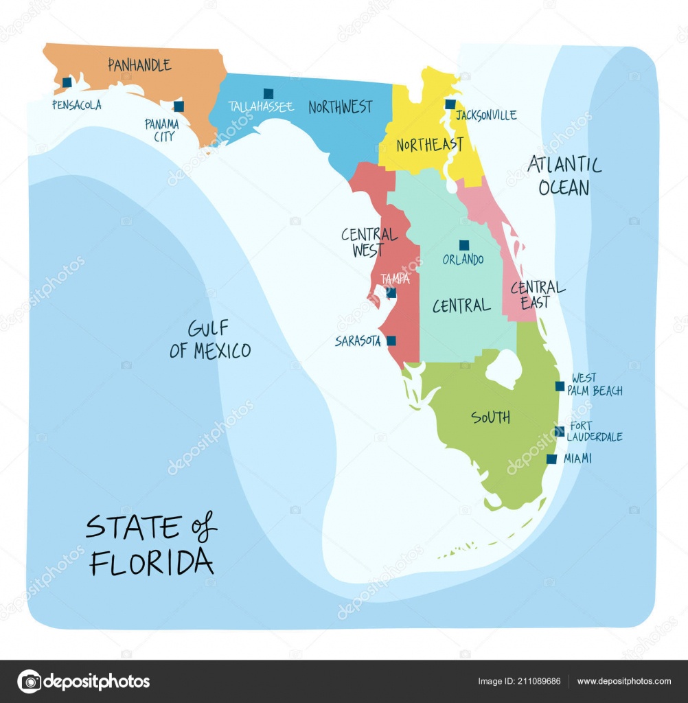 Hand Drawn Map State Florida Regions Counties Main Cities Colorful - Florida Ocean Map