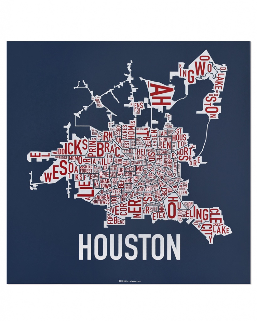 Houston Neighborhood Map 18&amp;quot; X 18&amp;quot; Texas Pride Screenprint - Texas Map Poster