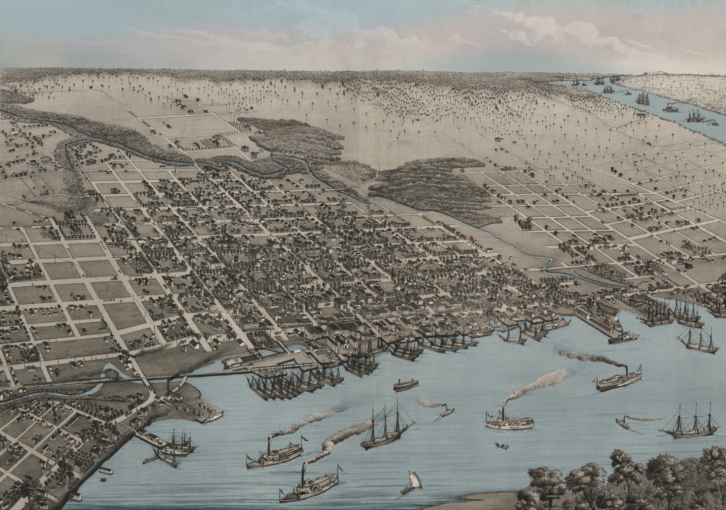 Jacksonville 1876 Birds-Eye View W/ Blue Water Wall Map - Old Maps Of Jacksonville Florida