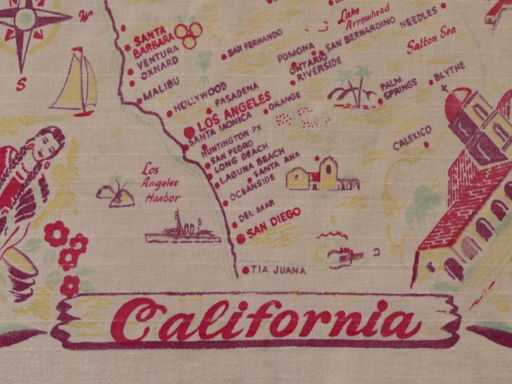Kitschy Vintage California State Map Tablecloth, California Souvenir - Vintage California Map Tablecloth