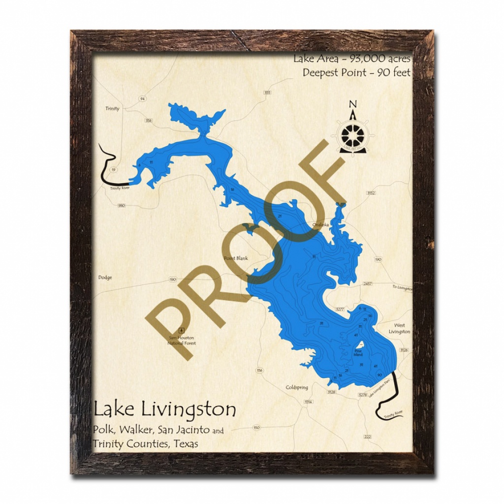 Lake Livingston, Texas 3D Wooden Map | Framed Topographic Wood Chart - Map Of Lake Livingston Texas