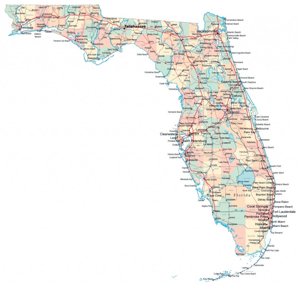 Large Administrative Map Of Florida State With Roads, Highways And - Large Map Of Florida