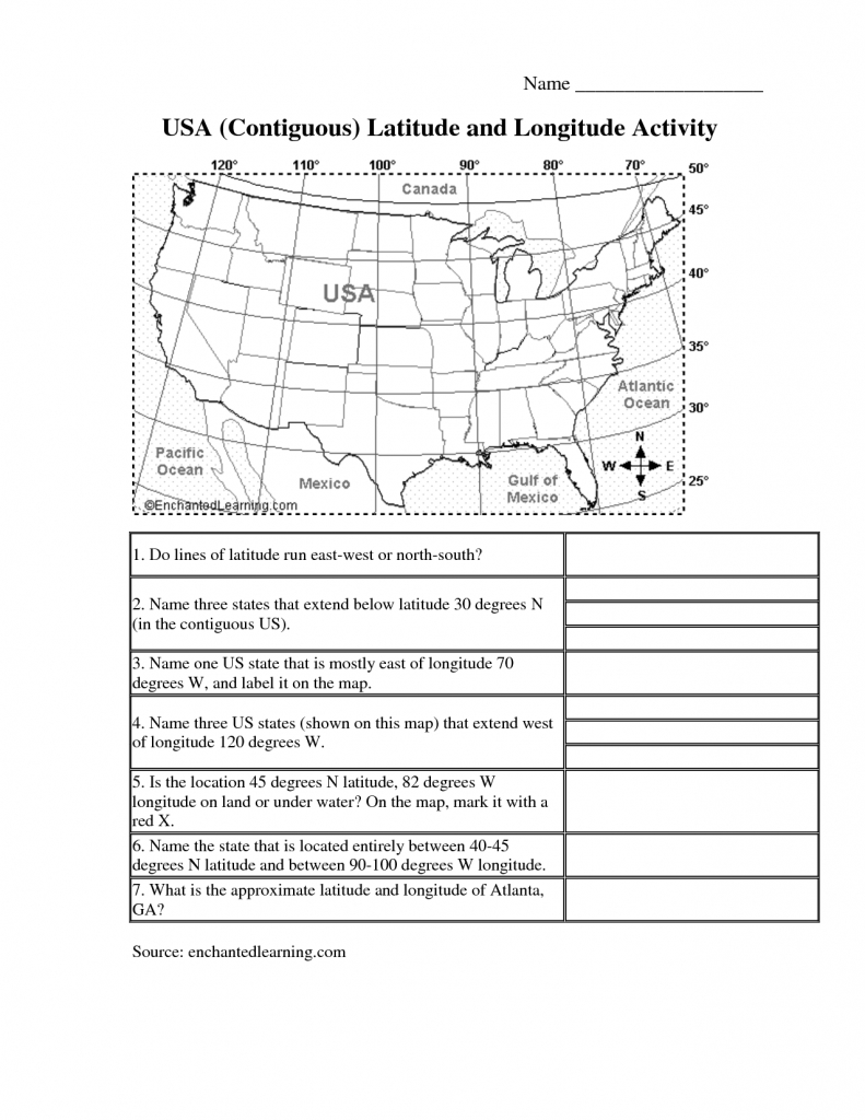 Latitude And Longitude Elementary Worksheets | Usa _Contiguous_ - Us Map With Latitude And Longitude Printable