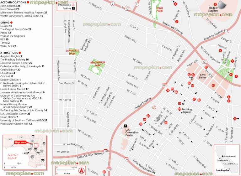 Los Angeles Map - Downtown Hotels, Restaurant Dining & Attractions