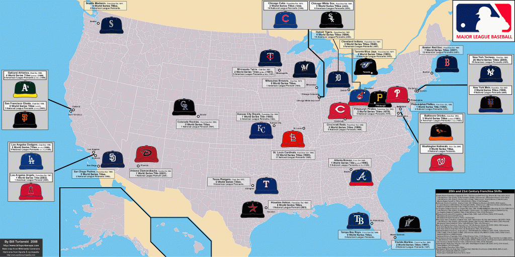 Major League Baseball: Map With All 30 Ball Clubs, Showing Each - California Baseball Teams Map