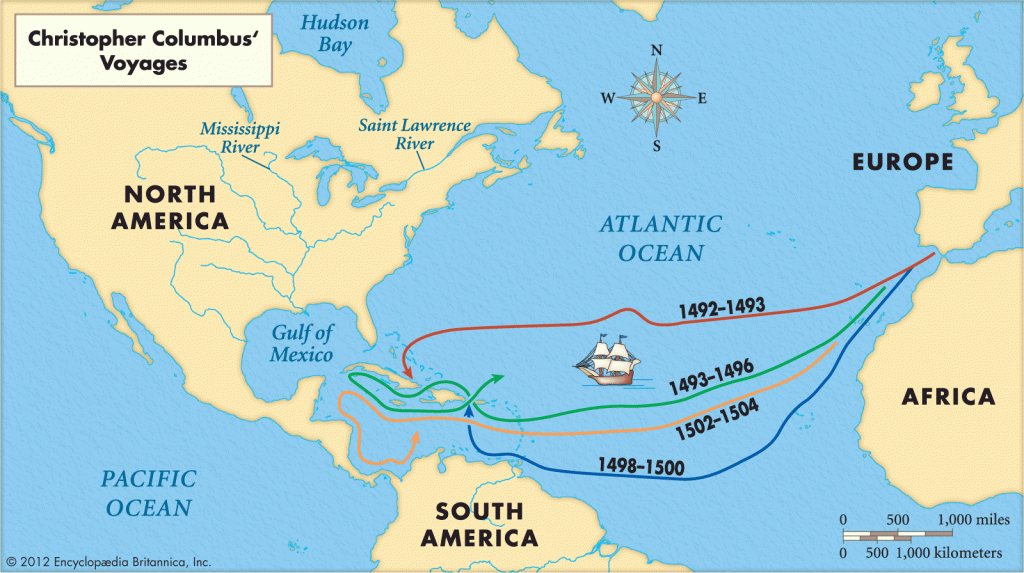 Map Of Christopher Columbus' Voyages | World History Chapter 16 - Printable Map Of Christopher Columbus Voyages
