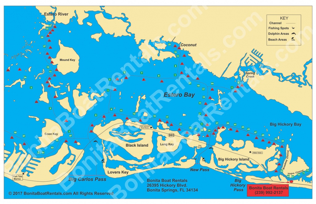 Map Of Estero Bay | Fishing Spots | Beaches | Bonita Boat Rentals - Estero Beach Florida Map