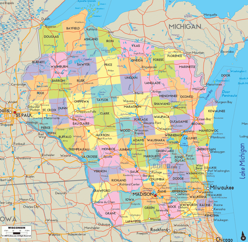 Map Of State Of Wisconsin, With Outline Of The State Cities, Towns - Printable Map Of Wisconsin Cities