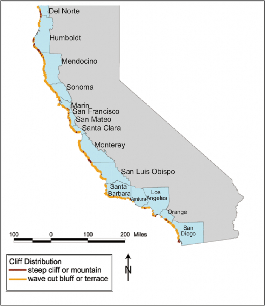 Map Of The Distribution Of Cliffs Along The California Coast, And - Map Of California Coast