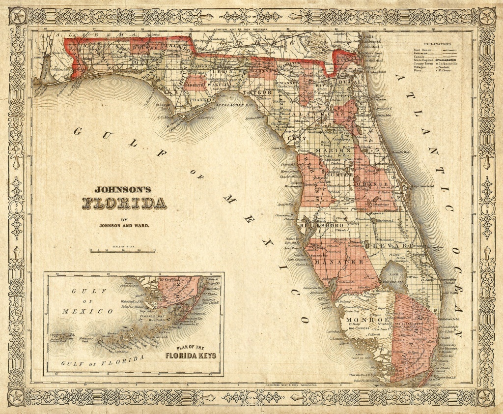 Old Florida Map 1863 Johnson&amp;#039;s Map Of Florida Restoration Style - Florida Wall Maps For Sale