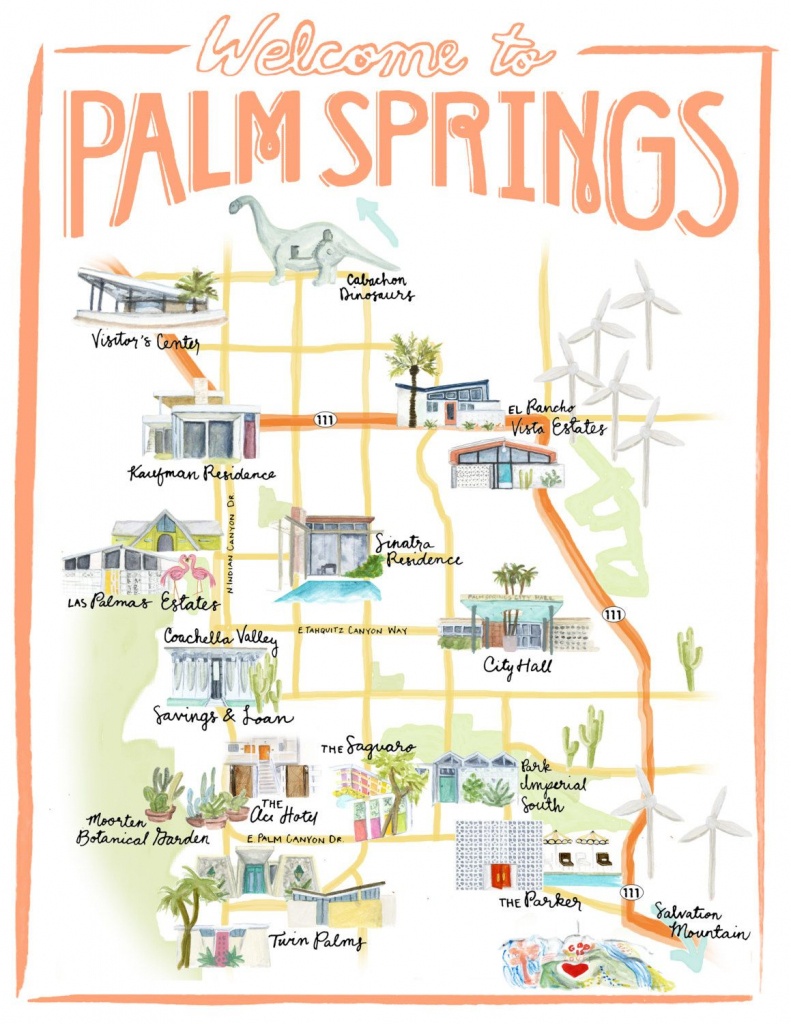 Palm Springs California Illustrated Travel Mapstripedcatstudio - Map Of California Showing Palm Springs