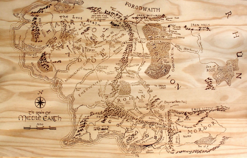 Print Of Hand-Burned Map Of Middle Earth Wood Burn - Printable Map Of Middle Earth