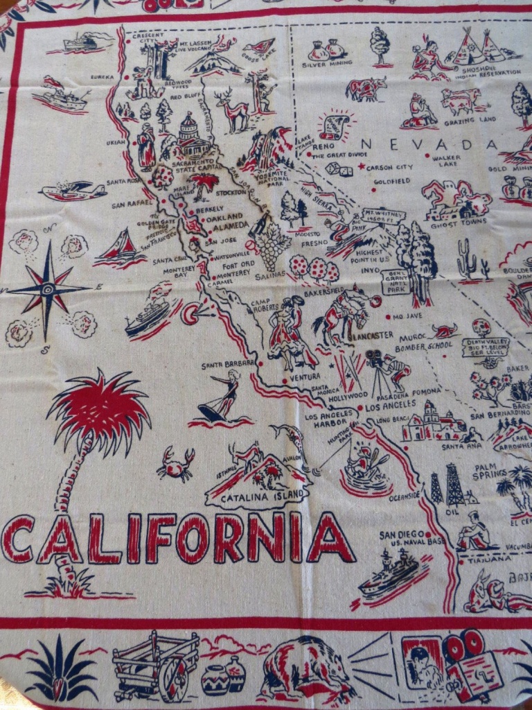 Rare 1940S Vintage California State Map Tablecloth, California - Vintage California Map Tablecloth