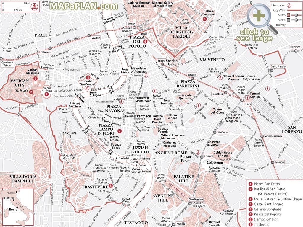 Rome Maps - Top Tourist Attractions - Free, Printable City Street Map - Central Rome Map Printable