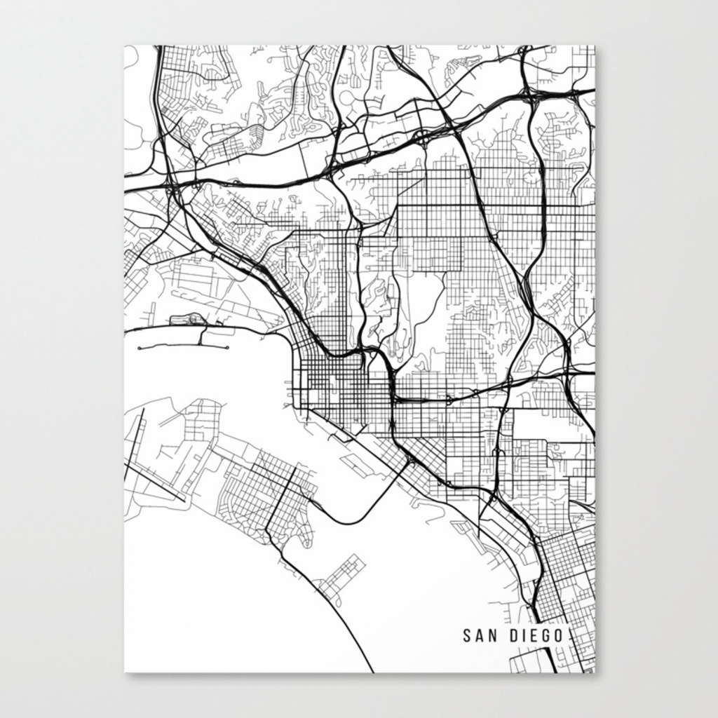 San Diego Map, California Usa - Black &amp;amp; White Portrait Canvas Print - California Map Black And White