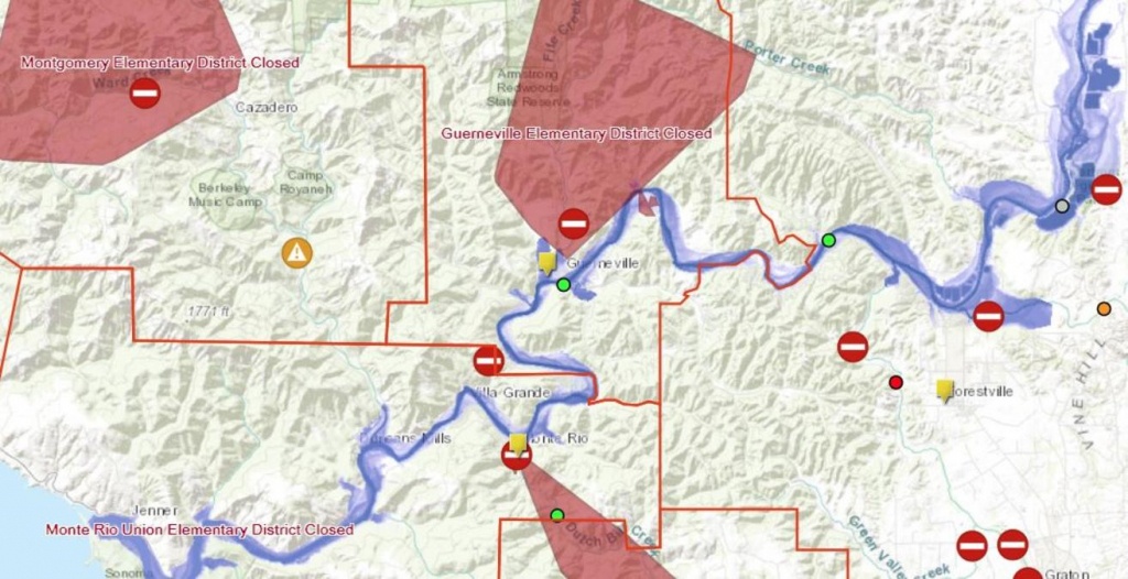 Sonoma County Flood Map: Road Closures, Sandbag Locations, Power - Graton California Map