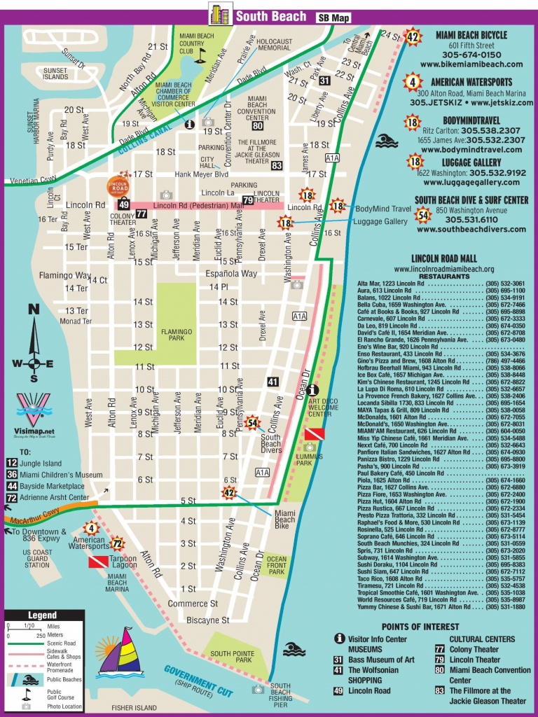 South Beach Restaurant And Sightseeing Map | Miami | South Beach - Map Of South Florida Beaches