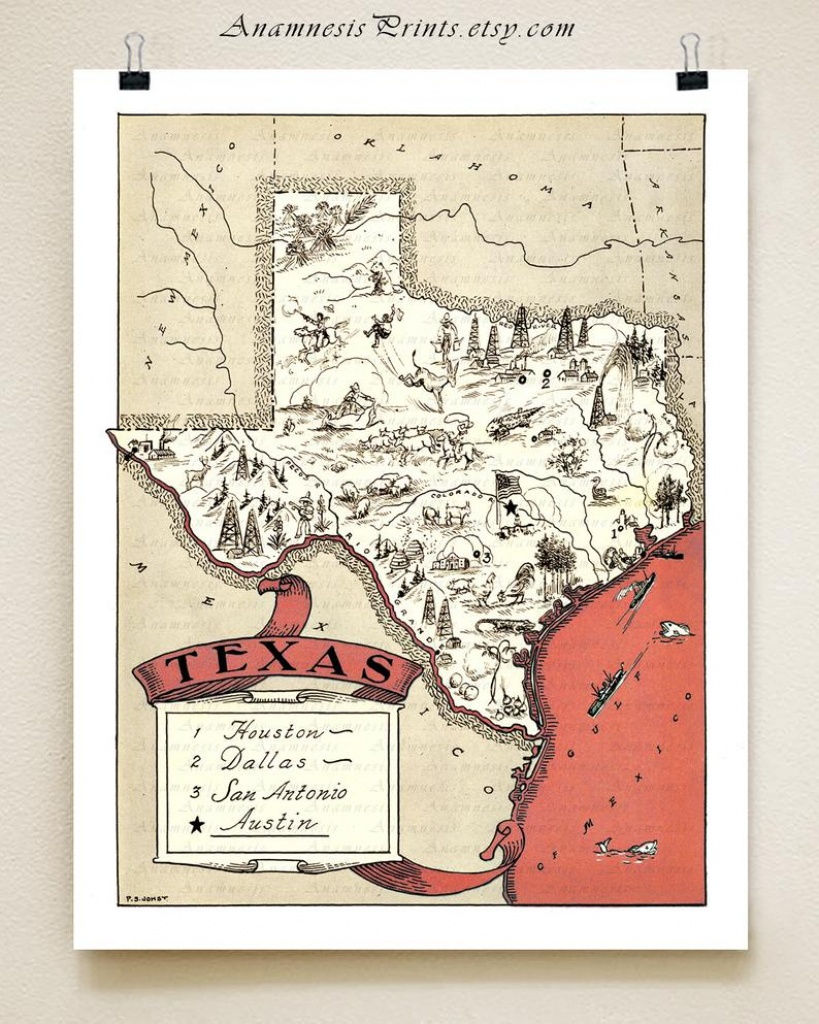 Texas Map Print Fun Vintage Picture Map Print To Frame | Etsy - Vintage Texas Map Prints