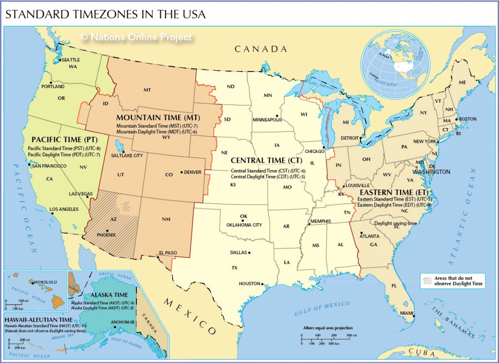 Time Zone Map Of The United States - Nations Online Project - Free Printable Us Timezone Map With State Names
