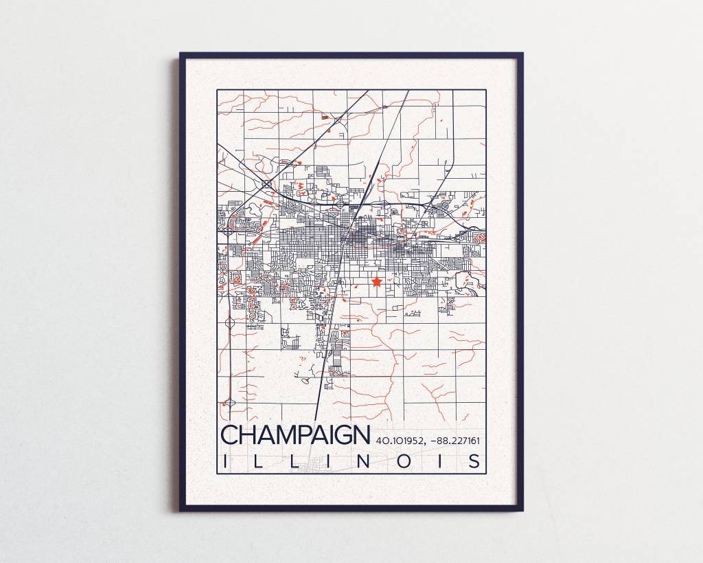 Urbana-Champaign Illinois Map University Of Illinois Print City - Printable Map Of Champaign Il