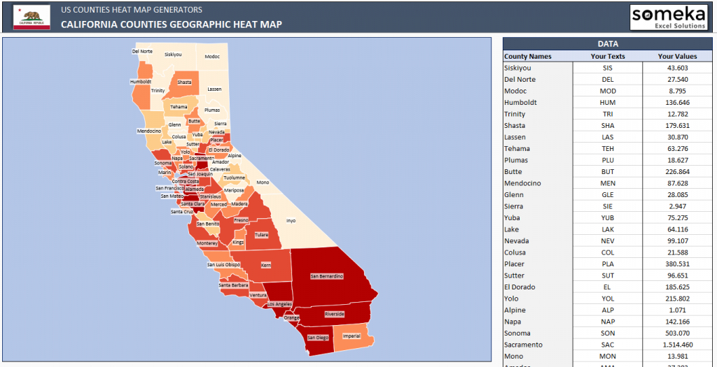 Us Counties Heat Map Generators - Automatic Coloring - Editable Shapes - Southern California Heat Map