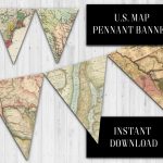 Us Map Pennant Banner, Vintage Us Map Banner, Classroom Banner   Printable Map Banner