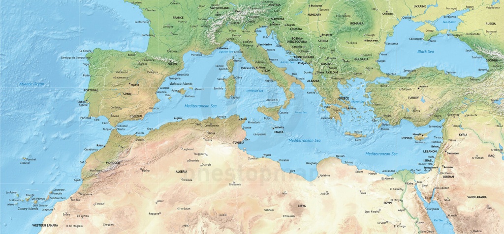 Vector Map Of The Mediterranean, Political With Shaded Relief | One - Mediterranean Map Printable