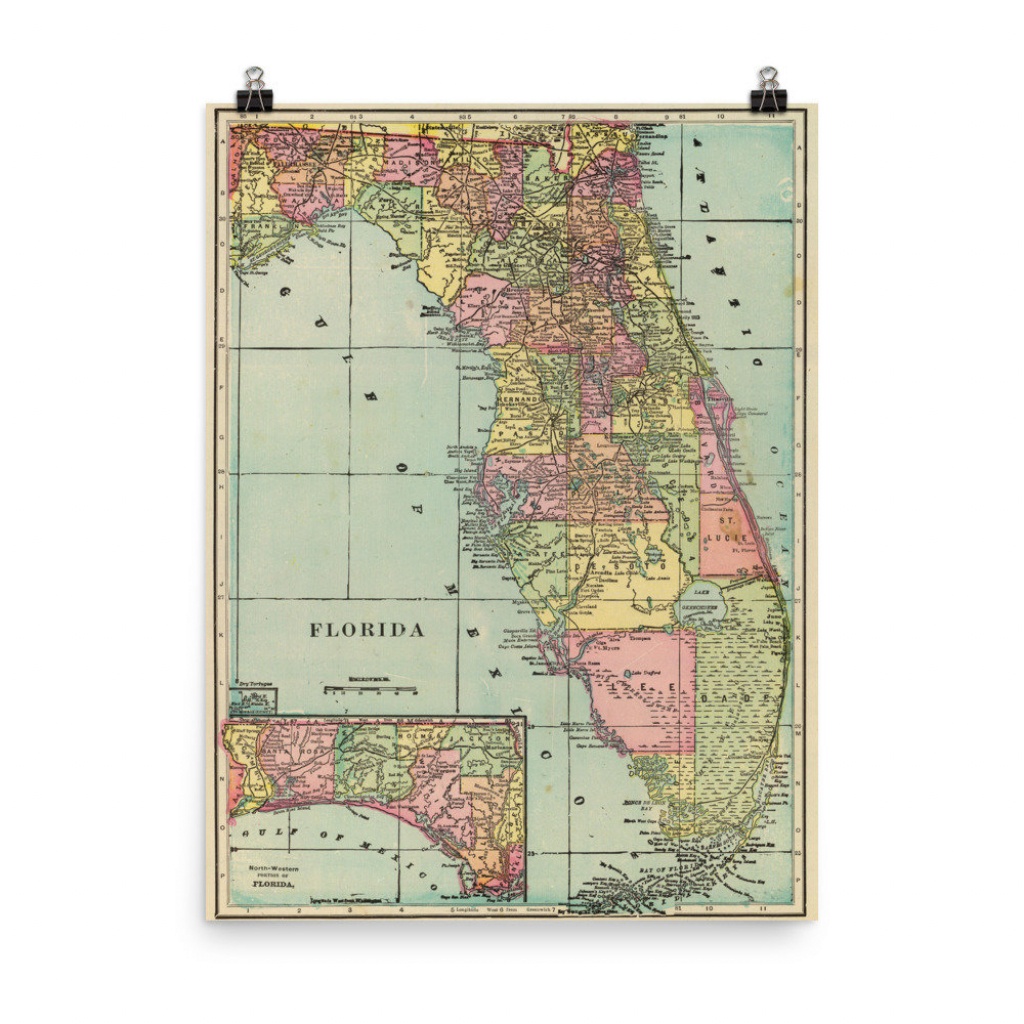 Vintage Florida Map 1909 Fl Colorful Counties Atlas Poster | Etsy - Vintage Florida Map Poster