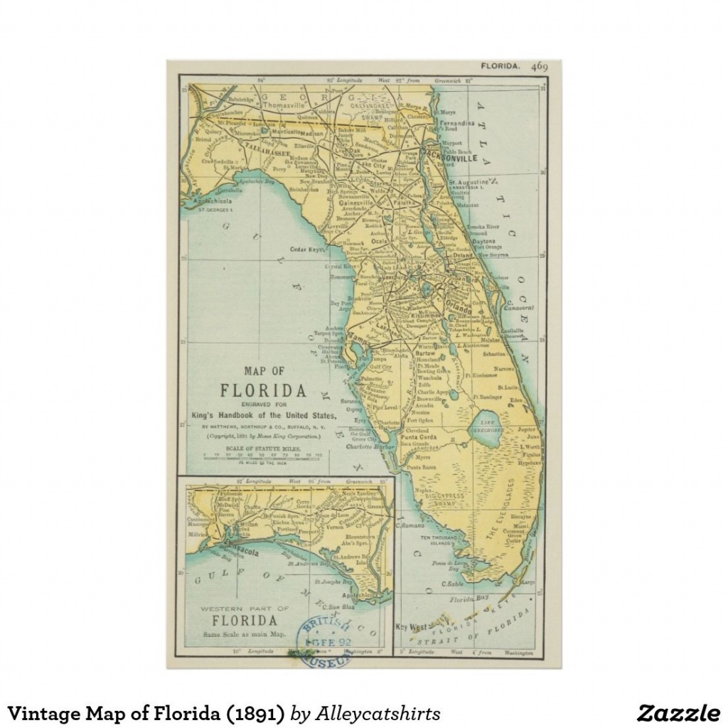 Vintage Map Of Florida (1891) Poster | Zazzle In 2019 | Vintage - Vintage Florida Map Poster